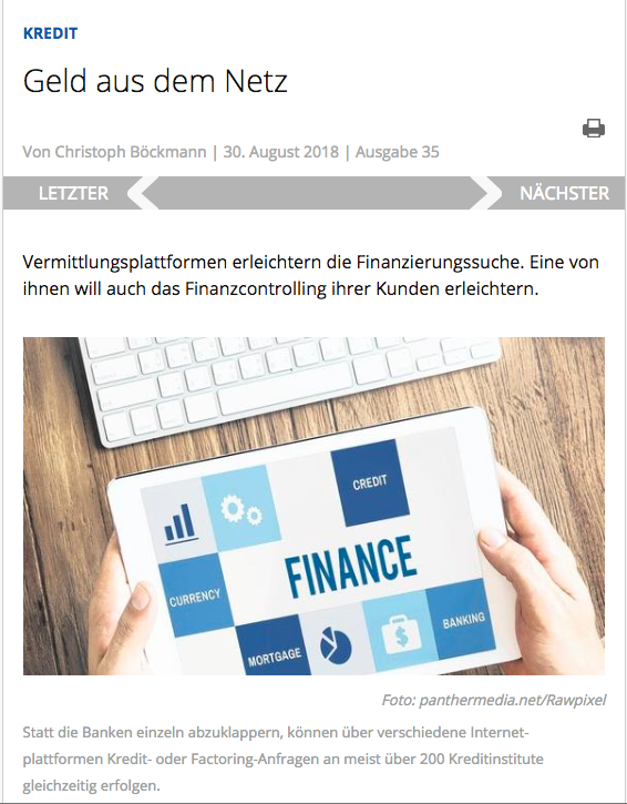 Ein Screenshot des Internetauftritts von vdi nachrichten zum Beitrag über FinCompare