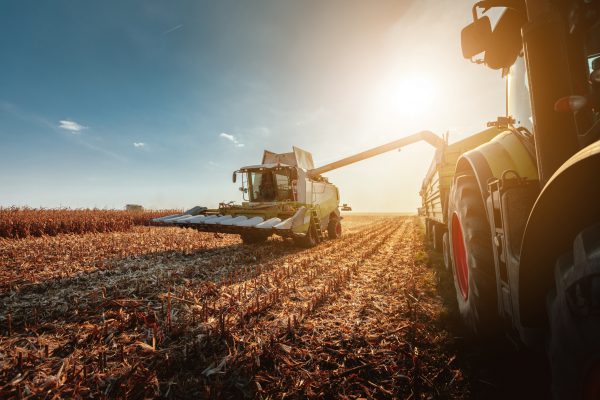 Landwirtschaft-3 Landwirt erntet sein Feld mit seinen durch Leasing erworbenen Landmaschinen.